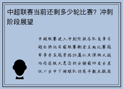 中超联赛当前还剩多少轮比赛？冲刺阶段展望